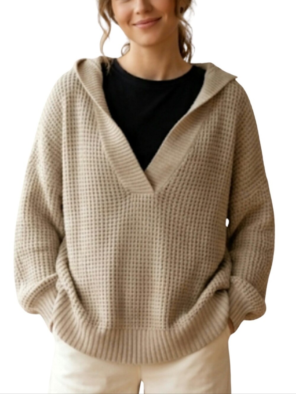 Zenana Women's Oatmeal Cowl Neck Waffle Knit Pullover Sweater Boho Cozy Sz L EUC